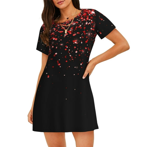 Hirioo Red Glitter1 for Women’s Nightdress Comfortable Short Sleeve Nightwear Casual Sleep Dress
