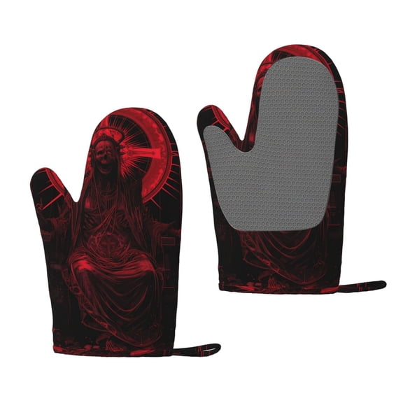 Hirioo Red Gothic Skeleton Throne for Silicone Oven Mitts for BBQ, Baking, Cooking, Set of 2, Heat Resistant 260, Non-Slip Kitchen Essentials