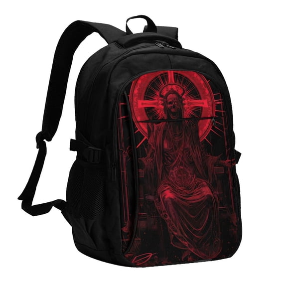 Hirioo Red Gothic Skeleton Throne for Travel Laptop Backpack with USB Charging Port for Men and Women