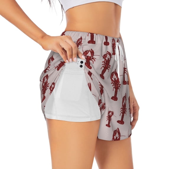Hirioo Red Lobster With Claws for Women's Double Layer Athletic Shorts High-Performance Gym Shorts with Inner Pocket, Elastic Waistband-X-Large