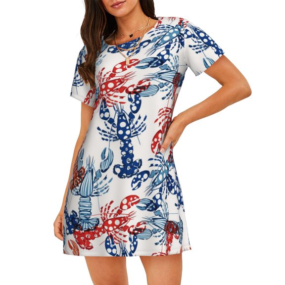 Hirioo Red Lobster for Women's Nightdress Comfortable Short Sleeve Nightwear Casual Sleep Dress