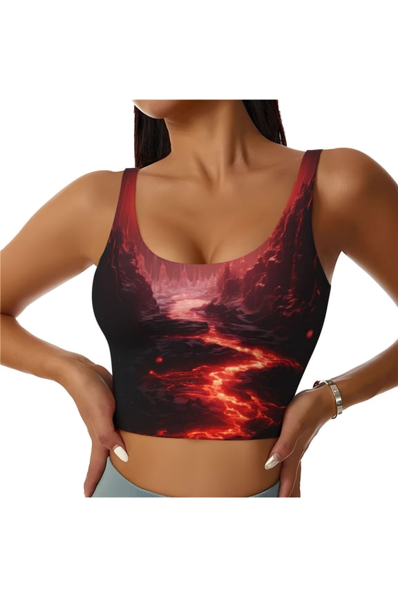 Red Moon Lava for Women's Sports Vest with Full-Print Design, Stretchy Fabric and Removable Pads-X-Large