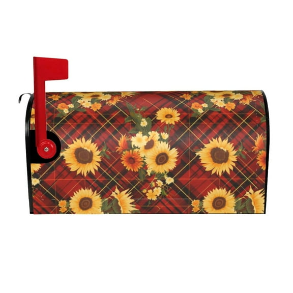 Hirioo Red Plaid Sunflower for Magnetic, Waterproof Mailbox Cover,Perfect for Fall, Winter, Spring, and Summer Outdoor Decor-25.5x21 in