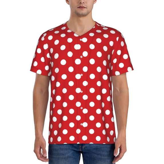 Hirioo Red Polka Dot for Men's Baseball T-shirt Shirts Short Sleeve Casual Summer Button Stretch T Shirts,Size S-4XL-4X-Large