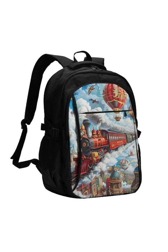 Red Train Hot Air Balloon for Travel Laptop Backpack with USB Charging Port for Men and Women