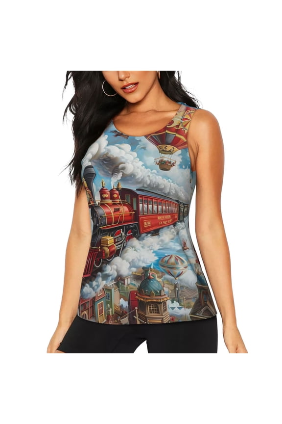 Red Train Hot Air Balloon for Women's Workout Tank Top Sleeveless Workout Tops Athletic Gym Shirts-Large