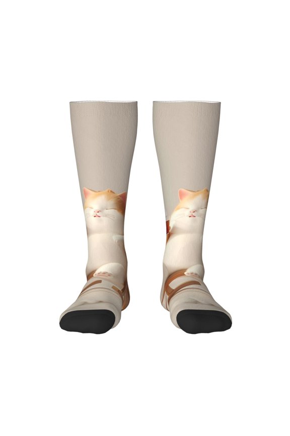 Relaxing Cat With Tea for Adult Stockings Breathable Sock Non-Pilling,Contrasting Color Design