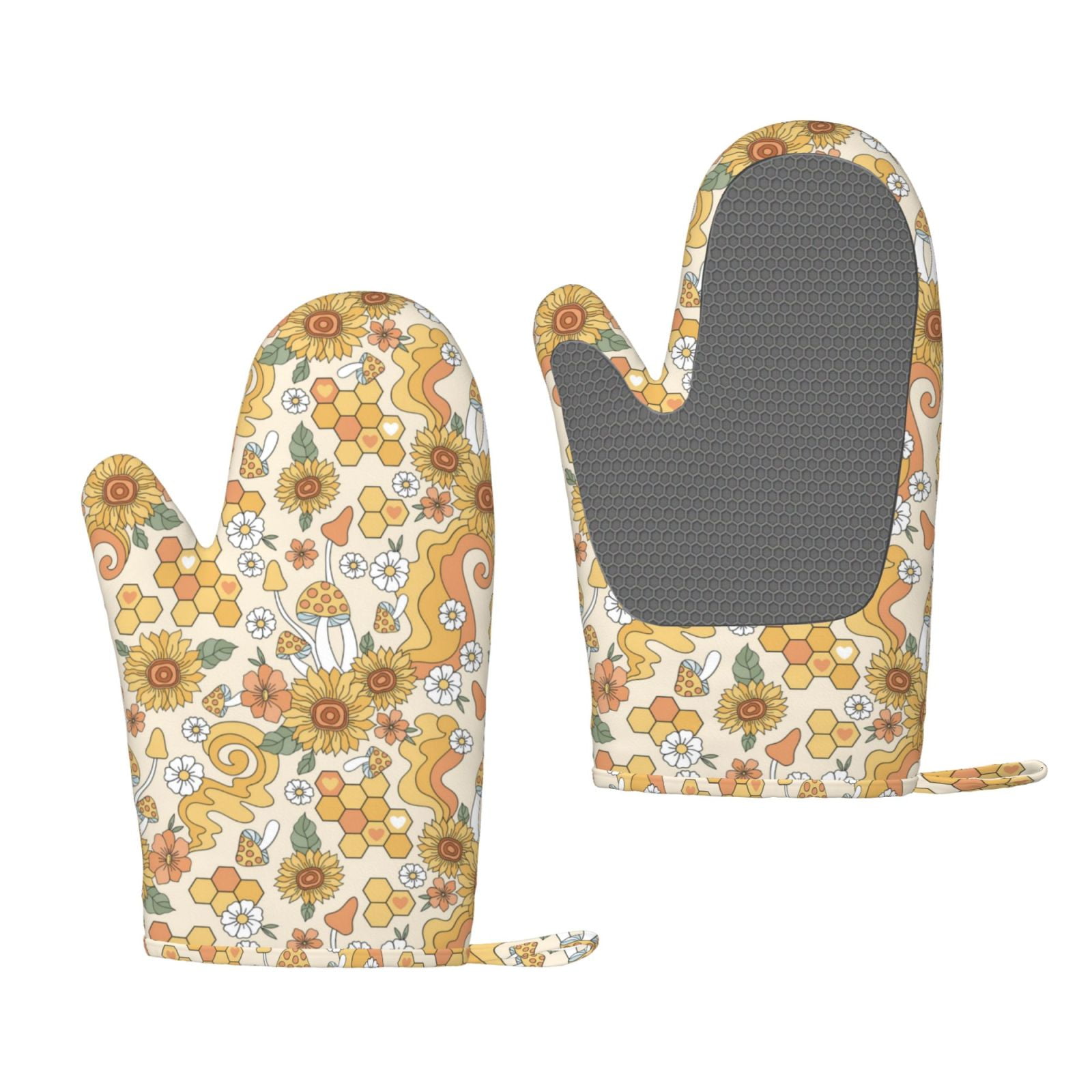 Hirioo Retro 70s 60s Flower for Silicone Oven Mitts for BBQ, Baking, Cooking, Set of 2, Heat Resistant 260℃, Non-Slip Kitchen Essentials