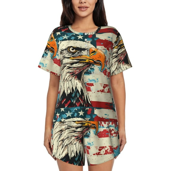 Hirioo Retro American Eagle for Women's 2 Piece Short-Sleeved Pajama PJ Sets for Women Shorts with Pockets Womens Lounge Set-Medium