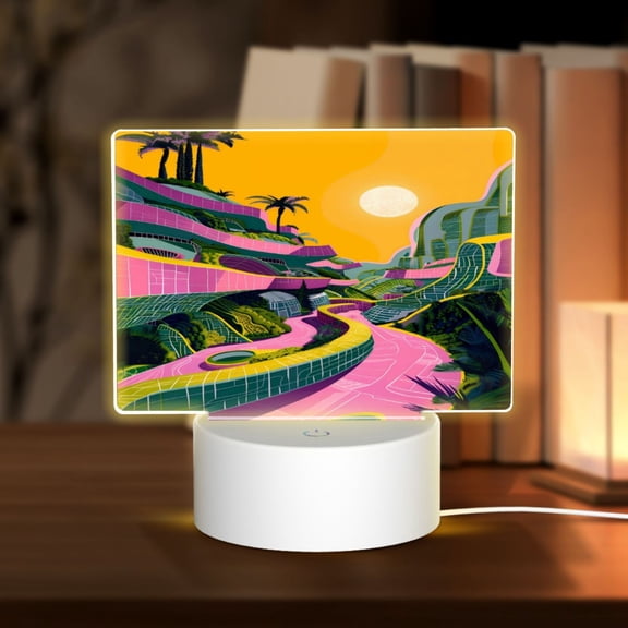 Hirioo Retro Futuristic Landscape for Rectangular Acrylic with Night Light Best Gifts for Lover Girl Mom, Valentine's Day Anniversary Birthday Wedding Present