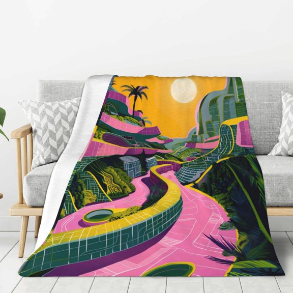 Hirioo Retro Futuristic Landscape for Flannel Blanket, Cozy and Warm Throw for Bed or Couch ,Perfect for All Seasons-80"x60"