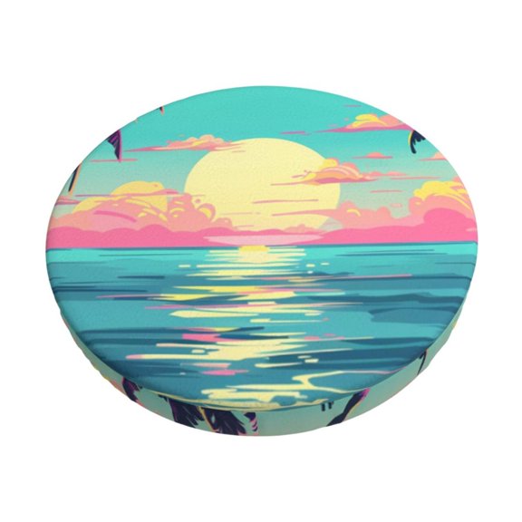 Hirioo Retro Palm Beach Sunset for Round Bar Stool Seat Covers Washable Stool Cushion Slipcover Elastic Bar Chair Covers for 12-14 Inch Chair-12 inch