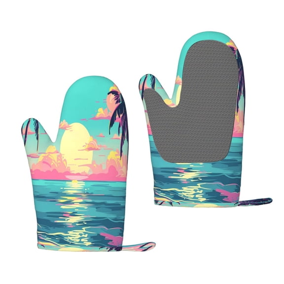 Hirioo Retro Palm Beach Sunset for Silicone Oven Mitts for BBQ, Baking, Cooking, Set of 2, Heat Resistant 260, Non-Slip Kitchen Essentials