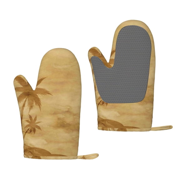 Hirioo Retro Palm Tree for Silicone Oven Mitts for BBQ, Baking, Cooking, Set of 2, Heat Resistant 260, Non-Slip Kitchen Essentials
