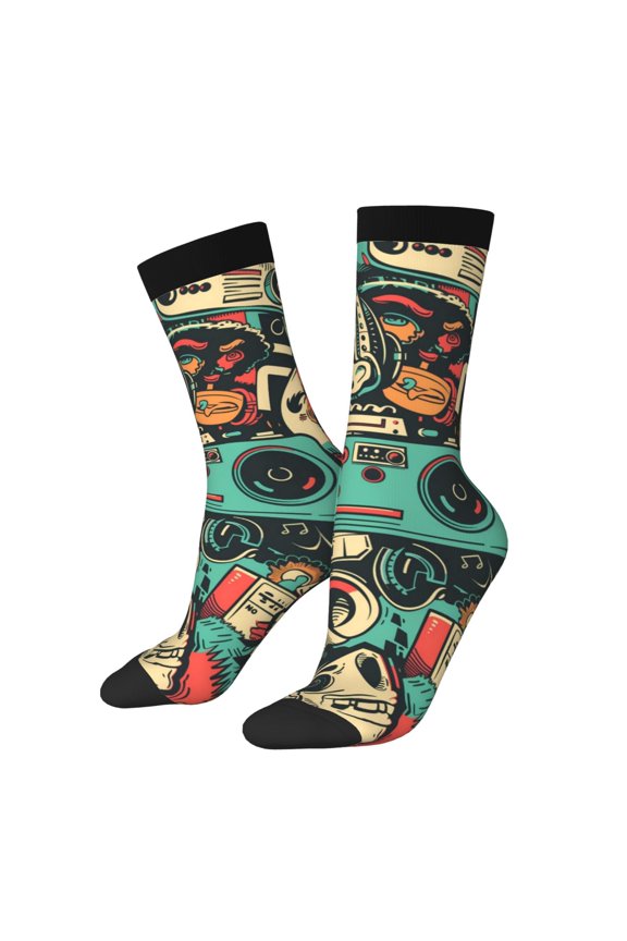 Retro Pop Art Collage Pattern Adult Middle Tube Socks Breathable Sock Non-Pilling,Contrasting Color Design