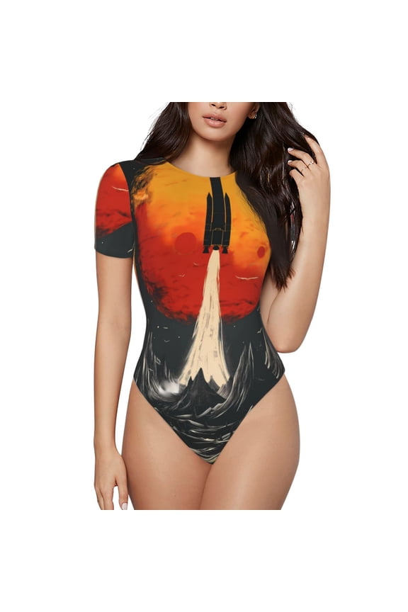 Retro Space Rocket Launch for Women's Round Neck Short-sleeved Onesie Basic Bodysuits-Small
