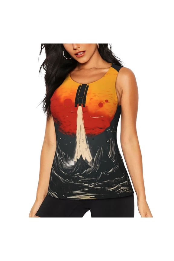 Retro Space Rocket Launch for Women's Workout Tank Top Sleeveless Workout Tops Athletic Gym Shirts-Small
