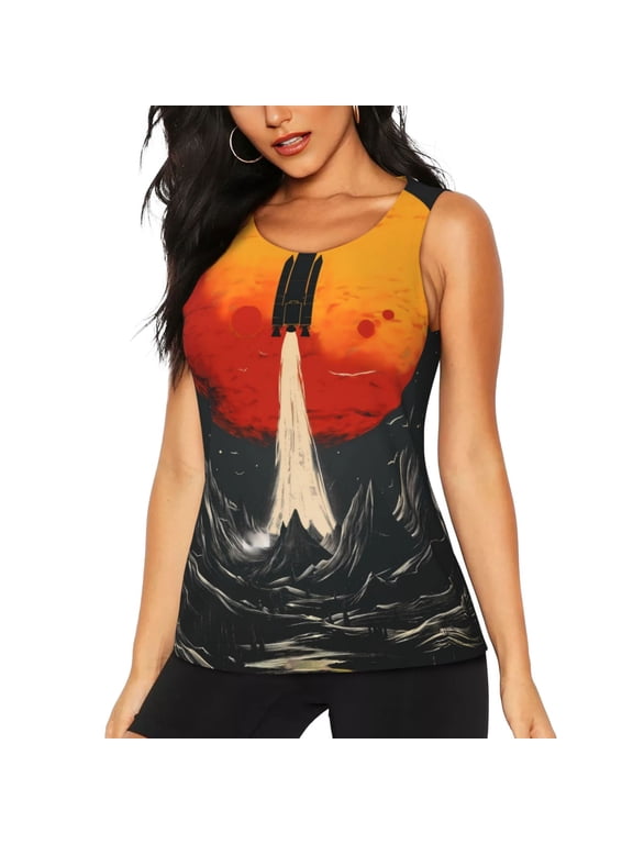Retro Space Rocket Launch for Women's Workout Tank Top Sleeveless Workout Tops Athletic Gym Shirts-Small