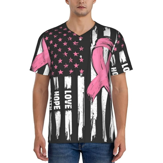 Hirioo Ribbon Breast Cancer Awareness for Men's Baseball T-shirt Shirts Short Sleeve Casual Summer Button Stretch T Shirts,Size S-4XL-Medium