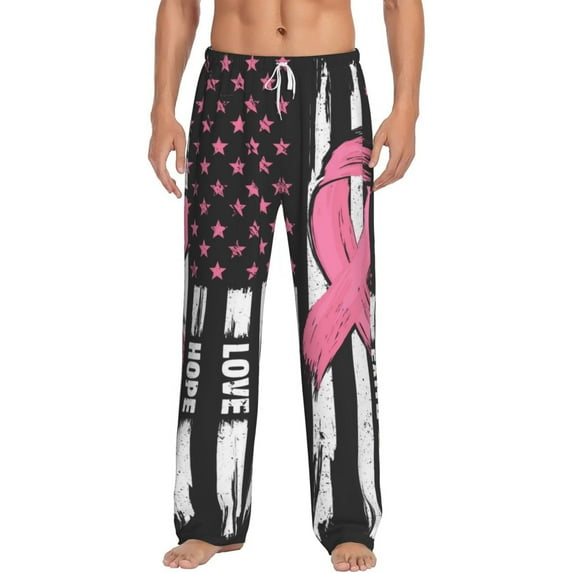 Hirioo Ribbon Breast Cancer Awareness for Men's PJ Pajama Pants Sleep Pants Men's Home Trousers with Pockets,S-3XL-Large
