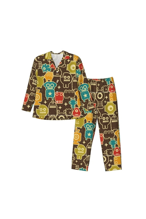 Robot and Monsters for Men's Pajama Sets 2 Piece Pjs Men's Long-Sleeved Pajama Set Button Down Sleepwear,S-XXL-Large