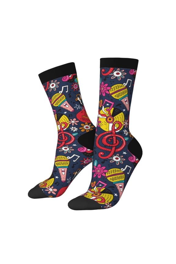 Rock Music Pattern Adult Middle Tube Socks Breathable Sock Non-Pilling,Contrasting Color Design