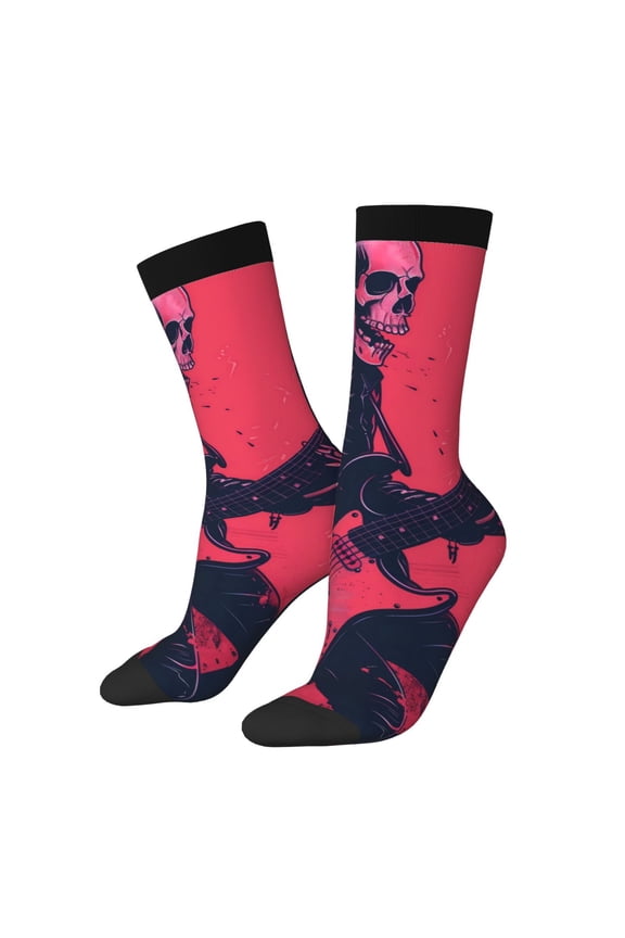 Rock Skull Guitarist Pattern Adult Middle Tube Socks Breathable Sock Non-Pilling,Contrasting Color Design