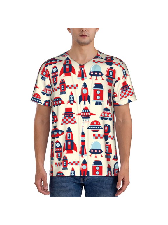 Rocket Pattern for Men's Baseball T-shirt Shirts Short Sleeve Casual Summer Button Stretch T Shirts,Size S-4XL-3X-Large