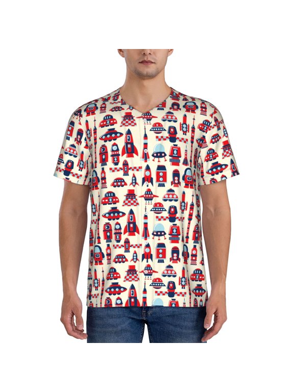 Rocket Pattern for Men's Baseball T-shirt Shirts Short Sleeve Casual Summer Button Stretch T Shirts,Size S-4XL-4X-Large