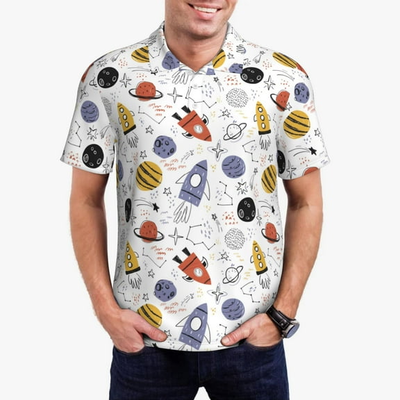 Hirioo Rocket Planets for Men’s Polo Shirts Quick Dry Short Sleeve Golf T Shirt Performance Moisture Wicking Casual Workout,Sizes S-4XL-