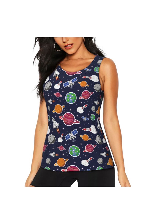 Rocket Satellite for Women's Workout Tank Top Sleeveless Workout Tops Athletic Gym Shirts-X-Large