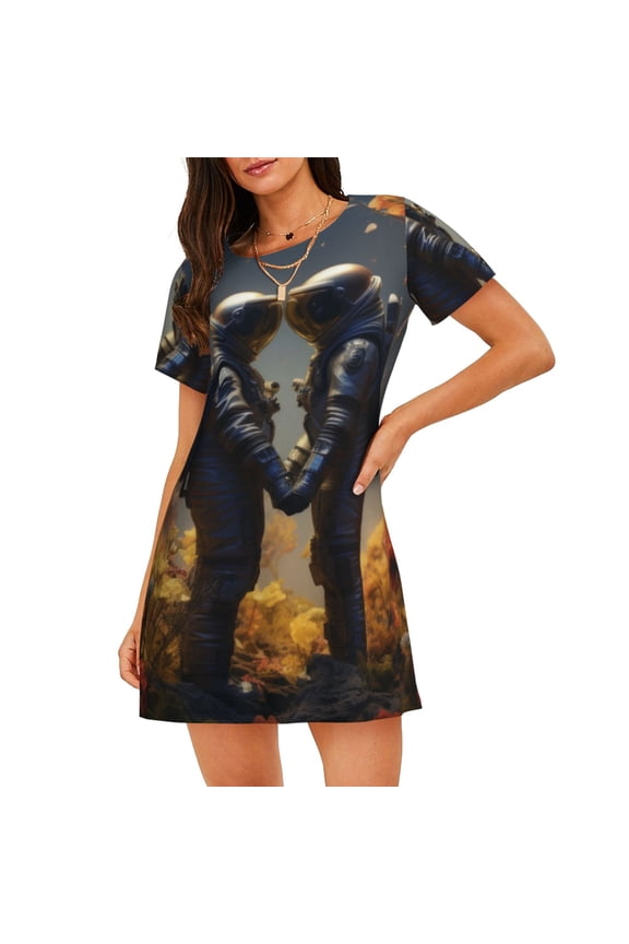 Romantic Flower Astronaut Couple for Women’s Nightdress Comfortable Short Sleeve Nightwear Casual Sleep Dress
