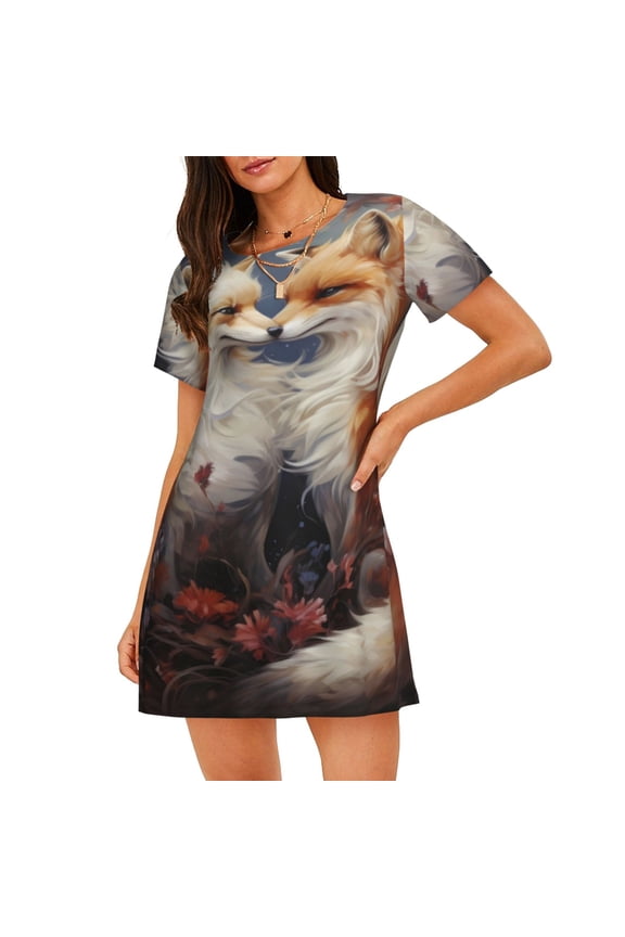 Romantic Flower Fox Couple for Women’s Nightdress Comfortable Short Sleeve Nightwear Casual Sleep Dress