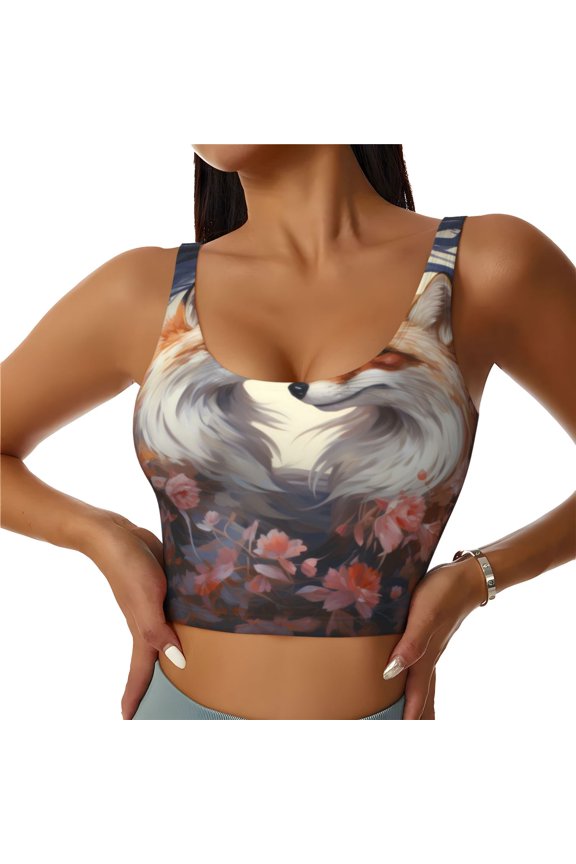 Romantic Flower Fox for Women's Sports Vest with Full-Print Design, Stretchy Fabric and Removable Pads-Large