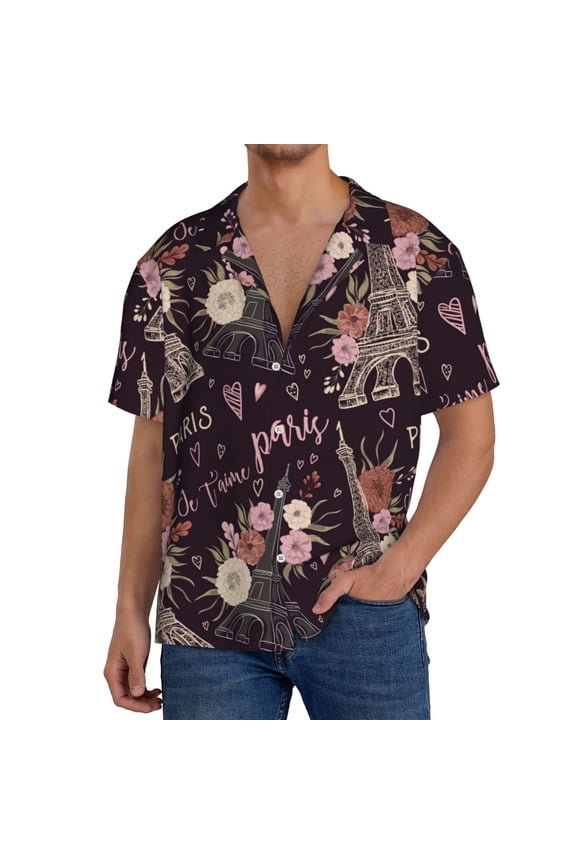 Romantic Paris for Men's Cuban Collar Short Sleeve Shirt Button Down Shirt Beach Summer Shirts Wedding Vacation Shirts-Small