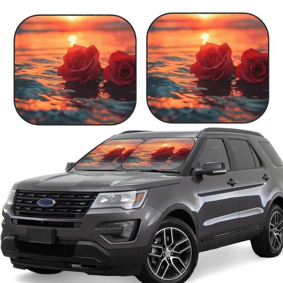 Hirioo Romantic Roses Sunset Ocean for 2PCS Windshield Sun Shade Foldable | Front Windshield Shade for Sun, Heat and UV Rays-Medium