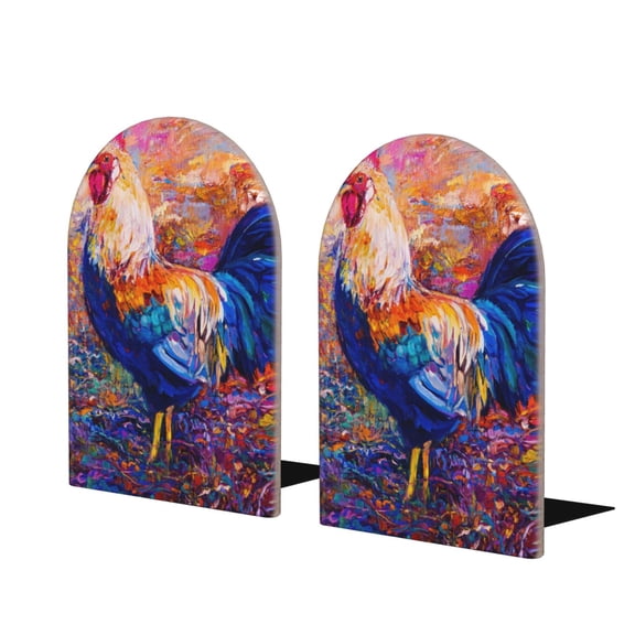 Hirioo Rooster Oil Painting for Bookends Decorative Bookends for Shelves for Home or Office, Non-Slip Base