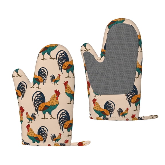 Hirioo Rooster for Silicone Oven Mitts for BBQ, Baking, Cooking, Set of 2, Heat Resistant 260, Non-Slip Kitchen Essentials
