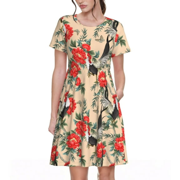 Hirioo Roosters And Peonies Flowers for Short Sleeve Dress Women's Short Sleeve Dress with Pockets