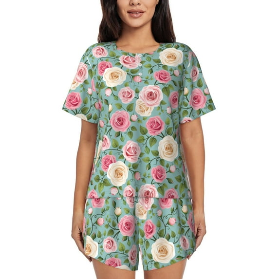 Hirioo Rose Flowers for Women's 2 Piece Short-Sleeved Pajama PJ Sets for Women Shorts with Pockets Womens Lounge Set-4X-Large