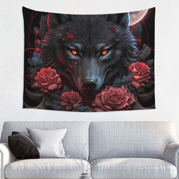 Hirioo Rose Full Moon Black Wolf Print Tapestry Lightweight Fabric for Bedroom Aesthetic Home Wall Dorm Dcor Living Room Decor 29x37 Inch