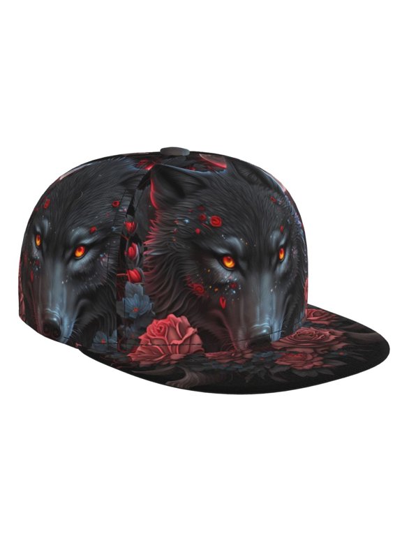 Rose Full Moon Black Wolf for Baseball Cap Men Cap Flat Brim for Men Women Teens Adjustable Baseball Cap