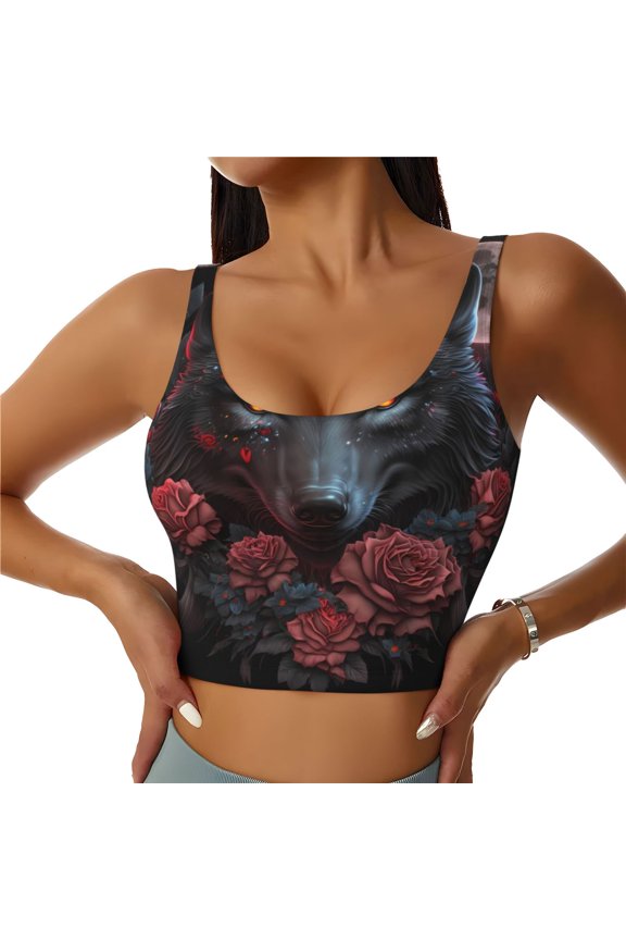 Rose Full Moon Black Wolf for Women's Sports Vest with Full-Print Design, Stretchy Fabric and Removable Pads-Medium