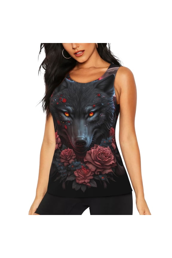Rose Full Moon Black Wolf for Women's Workout Tank Top Sleeveless Workout Tops Athletic Gym Shirts-Large