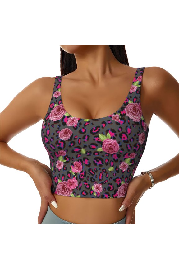 Rose Mix Leopard 2 for Women's Sports Vest with Full-Print Design, Stretchy Fabric and Removable Pads-