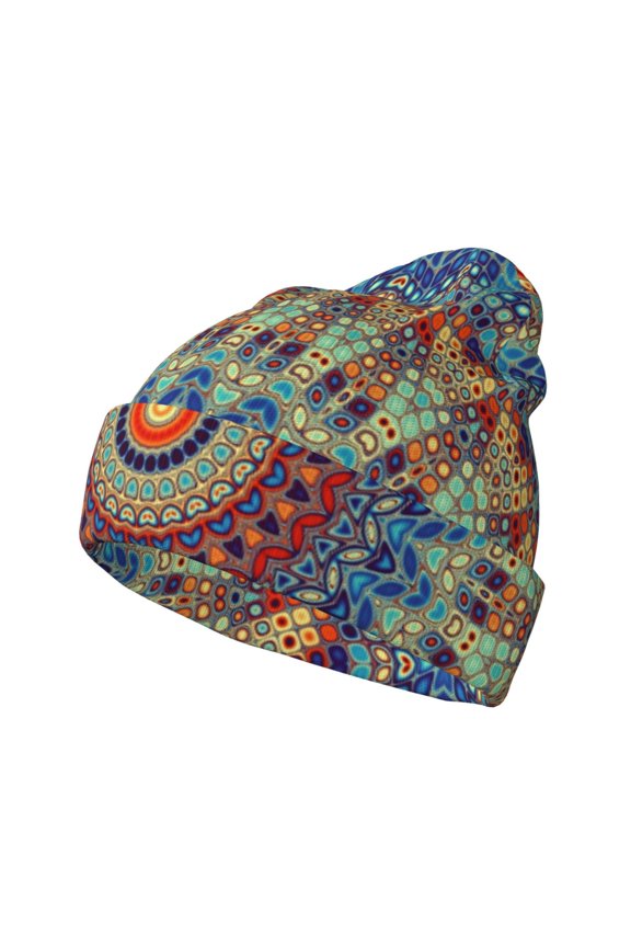 Round Mandala for Men's Knit Cuffed Beanie for Outdoor Activities Unisex