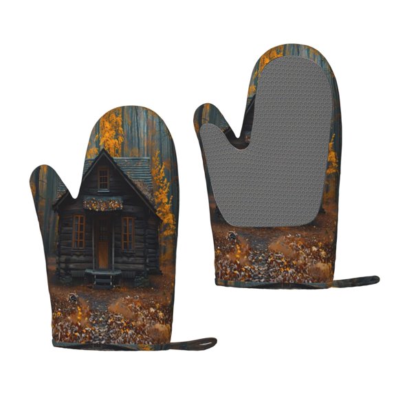 Hirioo Rustic Cabin Autumn Forest for Silicone Oven Mitts for BBQ, Baking, Cooking, Set of 2, Heat Resistant 260, Non-Slip Kitchen Essentials