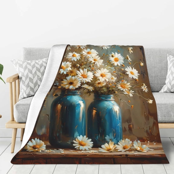 Hirioo Rustic Daisy Mason Jars for Flannel Blanket, Cozy and Warm Throw for Bed or Couch ,Perfect for All Seasons-40"x30"