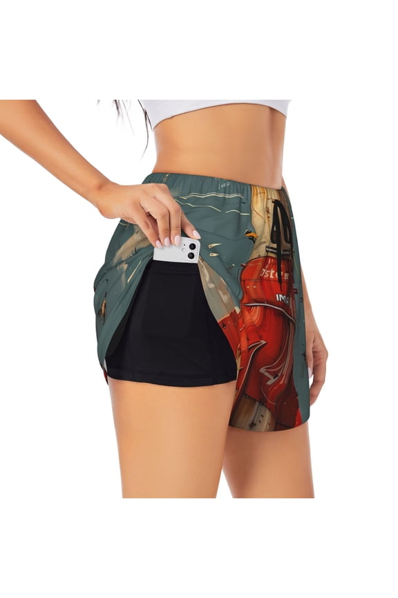 Rusty Rocket Launch for Women's Double Layer Athletic Shorts High-Performance Gym Shorts with Inner Pocket, Elastic Waistband-XX-Large