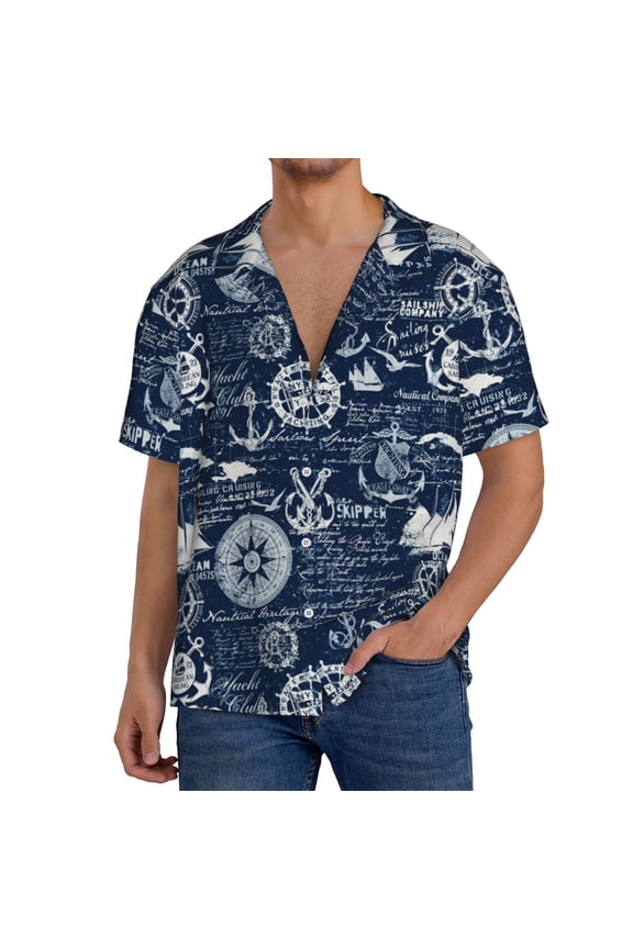 Sailing Cruises Nautical for Men's Cuban Collar Short Sleeve Shirt Button Down Shirt Beach Summer Shirts Wedding Vacation Shirts-Medium